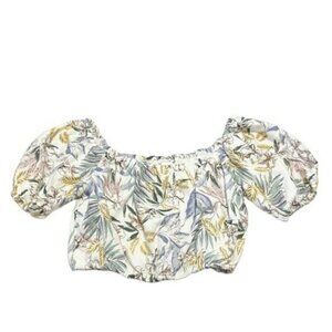 NEW Sigrid Olsen Ivory Floral Linen-blend Crop Peasant Top US S